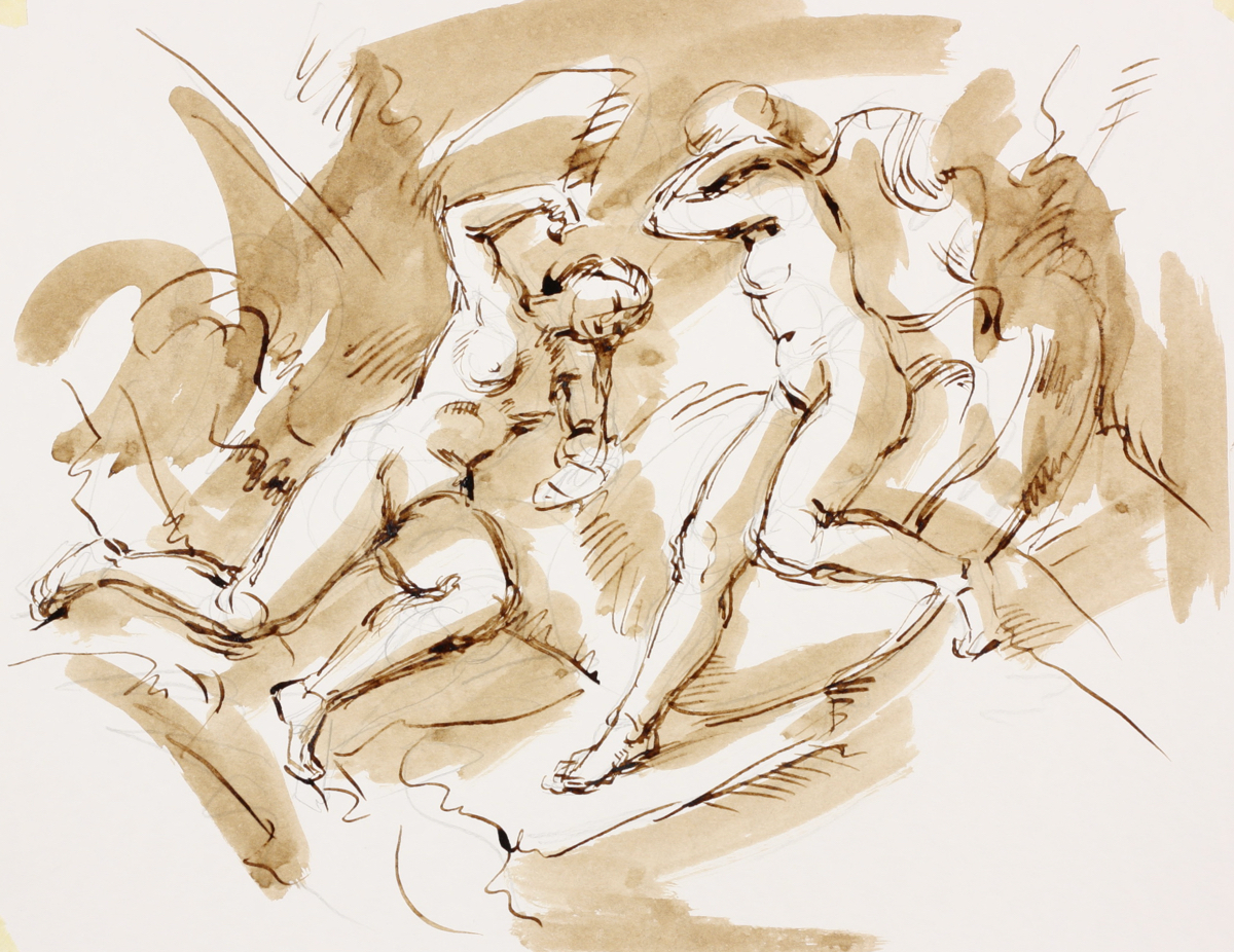 untitled; pen & sepia wash, 25 x 33, 2018